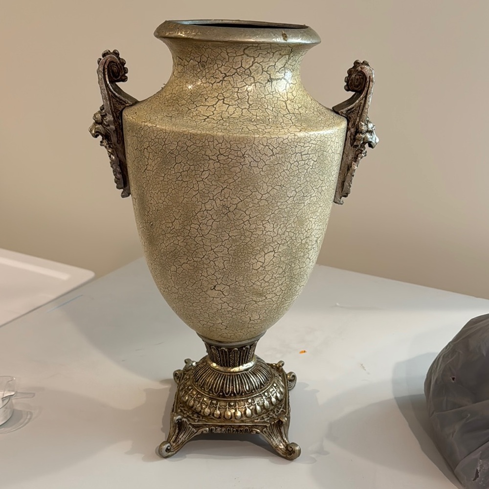 Elegant Crackle Finish Vase with Ornate Handles